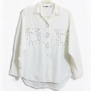 Desert Rose‎ Vintage Western Vibes 100% Cotton White Studded Detail Button Down
